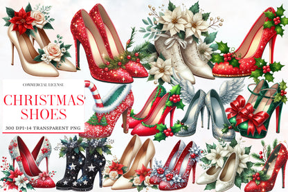 Christmas Shoes Clipart Bundle PNG | Watercolor Festive Christmas Shoes Clipart | Holiday Footwear Sublimation PNG