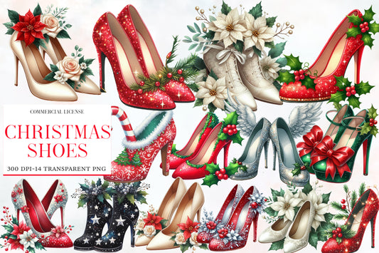 Christmas Shoes Clipart Bundle PNG | Watercolor Festive Christmas Shoes Clipart | Holiday Footwear Sublimation PNG