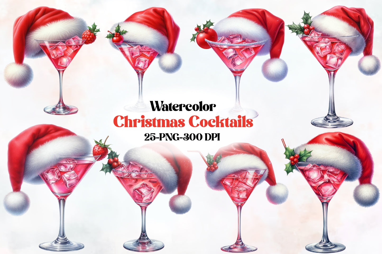 Watercolor Christmas Cocktails Clipart PNG Bundle | Santa Hat Cocktail Glasses | Christmas Party Sublimation