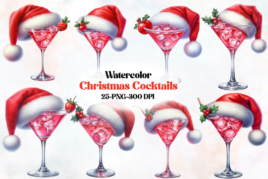 Watercolor Christmas Cocktails Clipart PNG Bundle | Santa Hat Cocktail Glasses | Christmas Party Sublimation