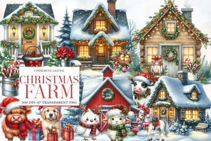 Christmas Farm Sublimation Clipart PNG Bundle | Watercolor Rustic Farm Christmas Clipart | Holiday Farmhouse PNG