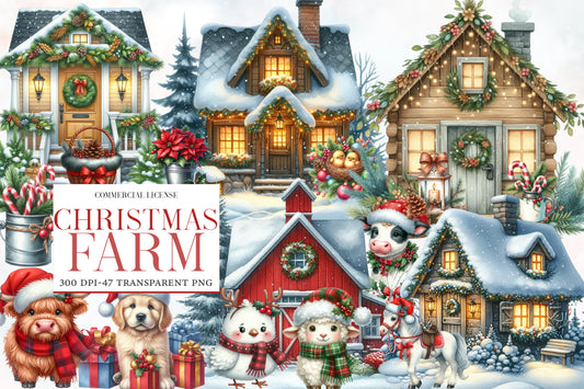 Christmas Farm Sublimation Clipart PNG Bundle | Watercolor Rustic Farm Christmas Clipart | Holiday Farmhouse PNG
