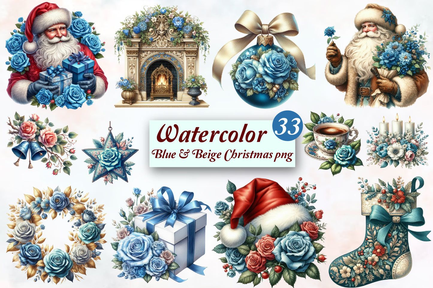 Blue & Beige Christmas PNG Bundle | Watercolor Christmas Clipart, Santa, Blue Roses & Elegant Holiday Decor