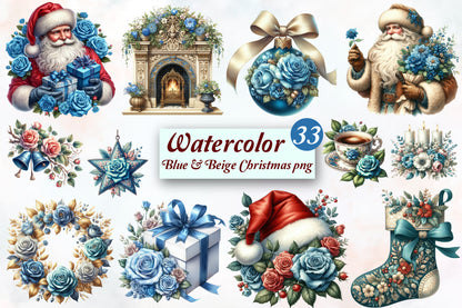 Blue & Beige Christmas PNG Bundle | Watercolor Christmas Clipart, Santa, Blue Roses & Elegant Holiday Decor