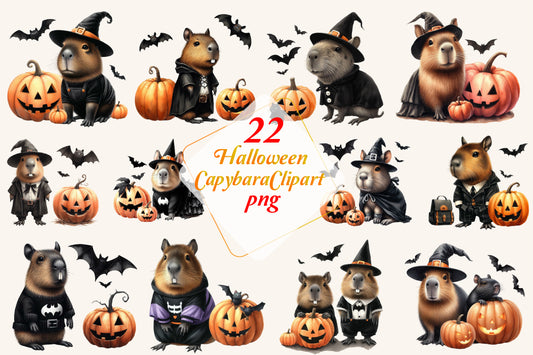 22 Halloween Capybara Clipart PNG Bundle Cute Spooky Animal Sublimation