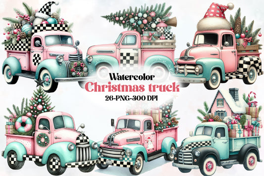 Watercolor Christmas Truck Clipart PNG Bundle | Vintage Holiday Truck & Festive Christmas Designs