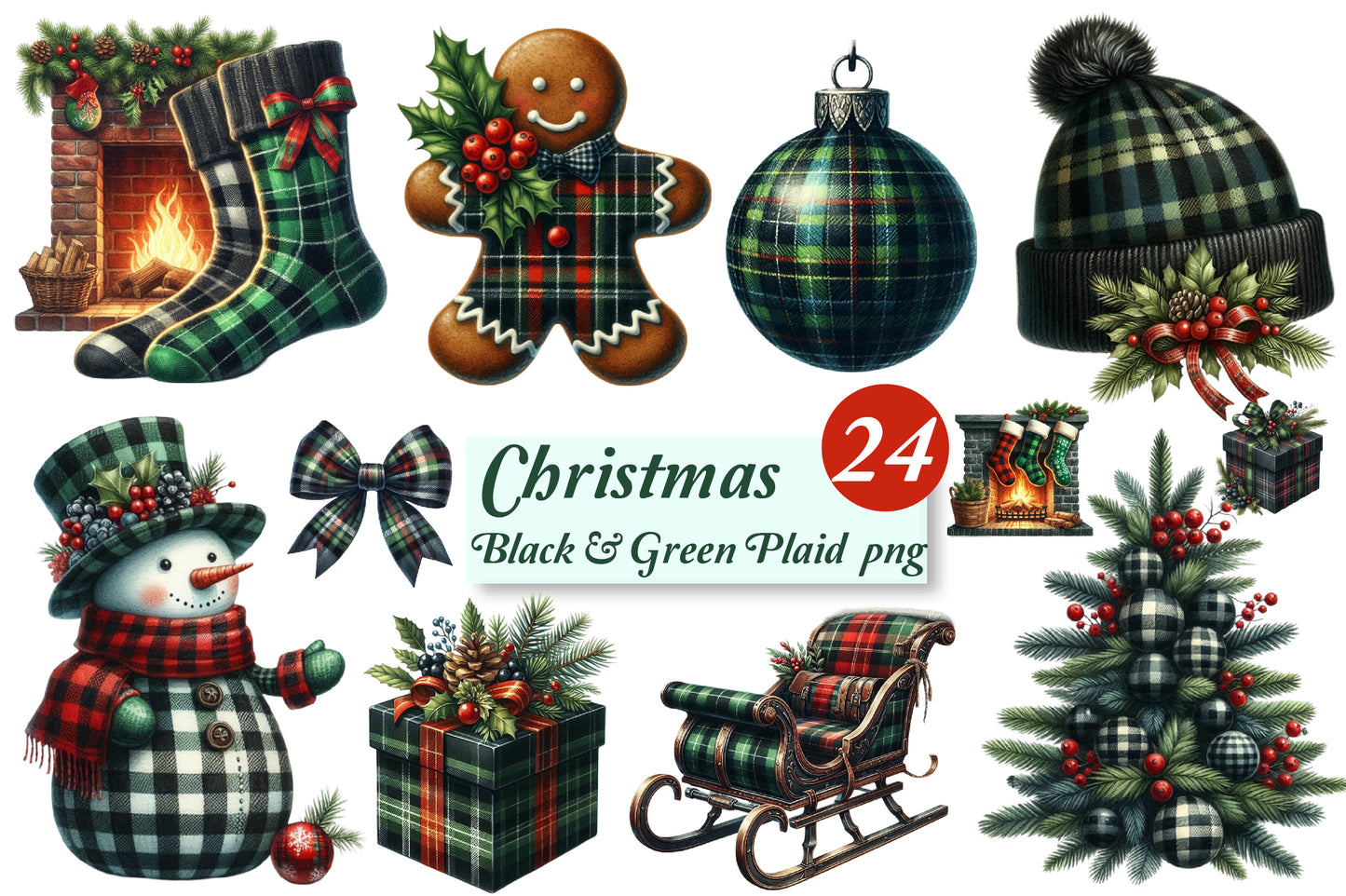 Christmas Black & Green Plaid PNG Bundle | Watercolor Tartan Christmas Clipart, Buffalo Plaid Holiday Decor & Rustic Christmas PNG
