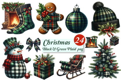 Christmas Black & Green Plaid PNG Bundle | Watercolor Tartan Christmas Clipart, Buffalo Plaid Holiday Decor & Rustic Christmas PNG