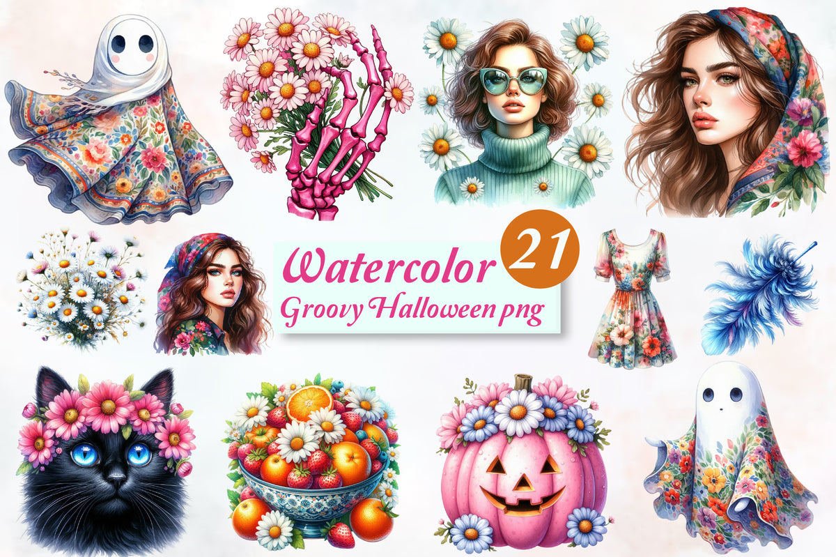 Groovy Halloween PNG Bundle 21 Watercolor Floral Hippie Halloween Clipart