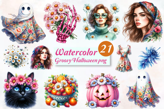 Groovy Halloween PNG Bundle 21 Watercolor Floral Hippie Halloween Clipart