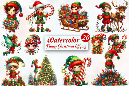 Funny Christmas Elf PNG Bundle Watercolor Cute Holiday Elf Clipart