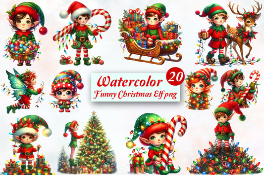 Funny Christmas Elf PNG Bundle Watercolor Cute Holiday Elf Clipart