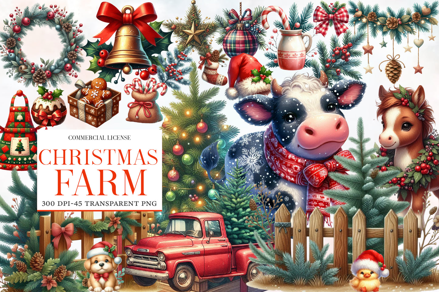 Christmas Farm Clipart PNG Bundle | Watercolor Rustic Christmas Farm Clipart | Holiday Farmhouse Sublimation PNG