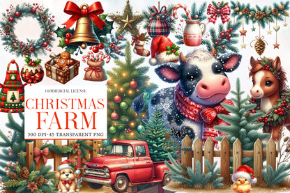 Christmas Farm Clipart PNG Bundle | Watercolor Rustic Christmas Farm Clipart | Holiday Farmhouse Sublimation PNG