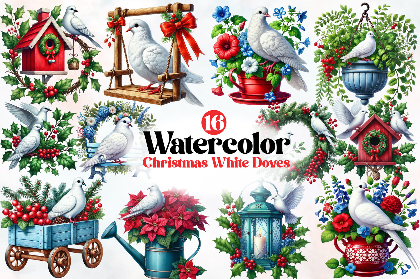 Watercolor Christmas White Dove Clipart PNG Bundle | Peace Dove & Festive Holiday Floral Designs