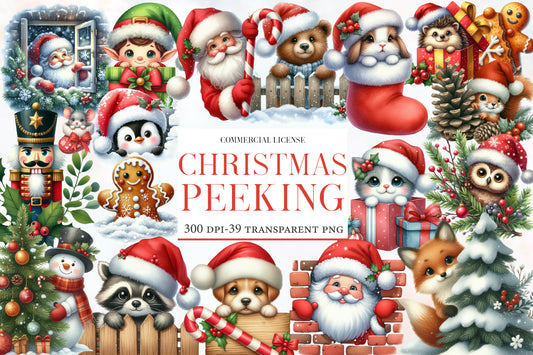 Christmas Peeking Clipart PNG Bundle | Watercolor Cute Peeking Christmas Characters | Holiday Sublimation PNG
