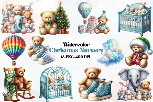 18 Christmas Nursery PNG Watercolor Clipart Bundle Cute Teddy Bear Baby