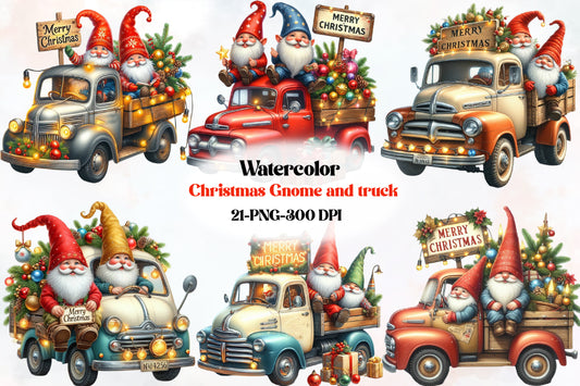 21 Christmas Gnome and Truck PNG Clipart Bundle Watercolor Holiday Vintage
