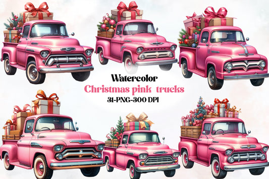 Christmas Pink Truck PNG Clipart Bundle | Watercolor Vintage Pink Christmas Trucks, Gifts, Bows & Holiday Truck Designs