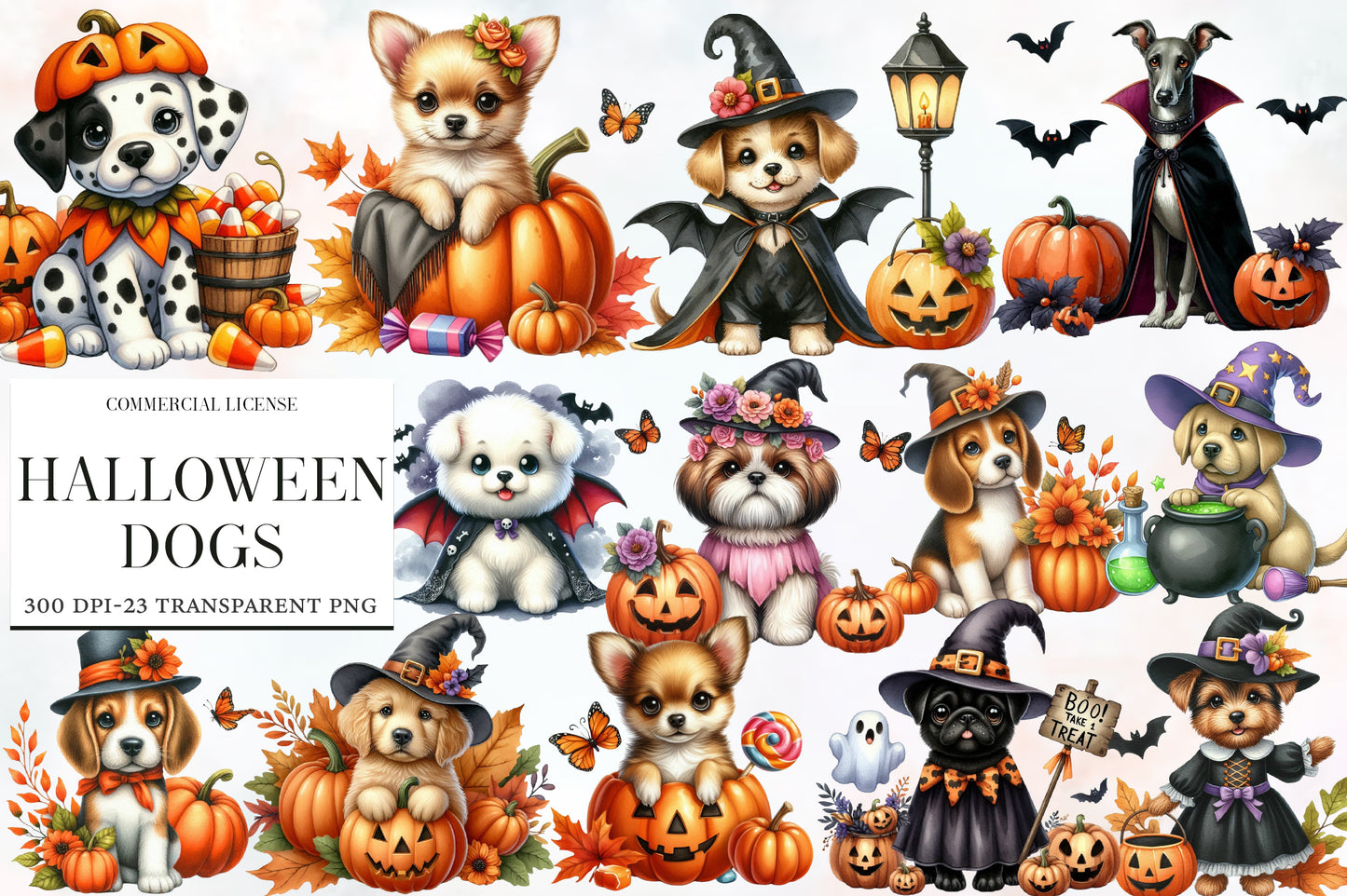 Watercolor Halloween Dogs Clipart PNG Bundle | Cute Spooky Dogs, Pumpkins, Ghosts & Witch Costumes PNG