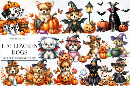 Watercolor Halloween Dogs Clipart PNG Bundle | Cute Spooky Dogs, Pumpkins, Ghosts & Witch Costumes PNG