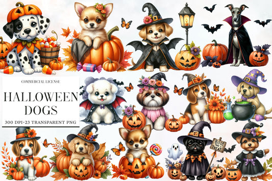 Watercolor Halloween Dogs Clipart PNG Bundle | Cute Spooky Dogs, Pumpkins, Ghosts & Witch Costumes PNG