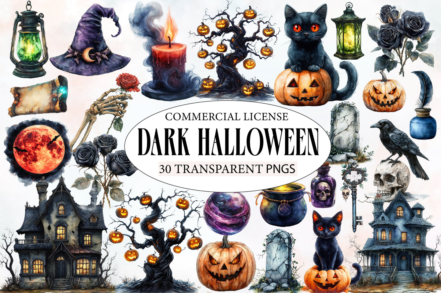 Dark Halloween PNG Bundle | Gothic Halloween Clipart, Black Cat, Skull, Haunted House, Pumpkin & Witch PNG