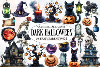 Dark Halloween PNG Bundle | Gothic Halloween Clipart, Black Cat, Skull, Haunted House, Pumpkin & Witch PNG