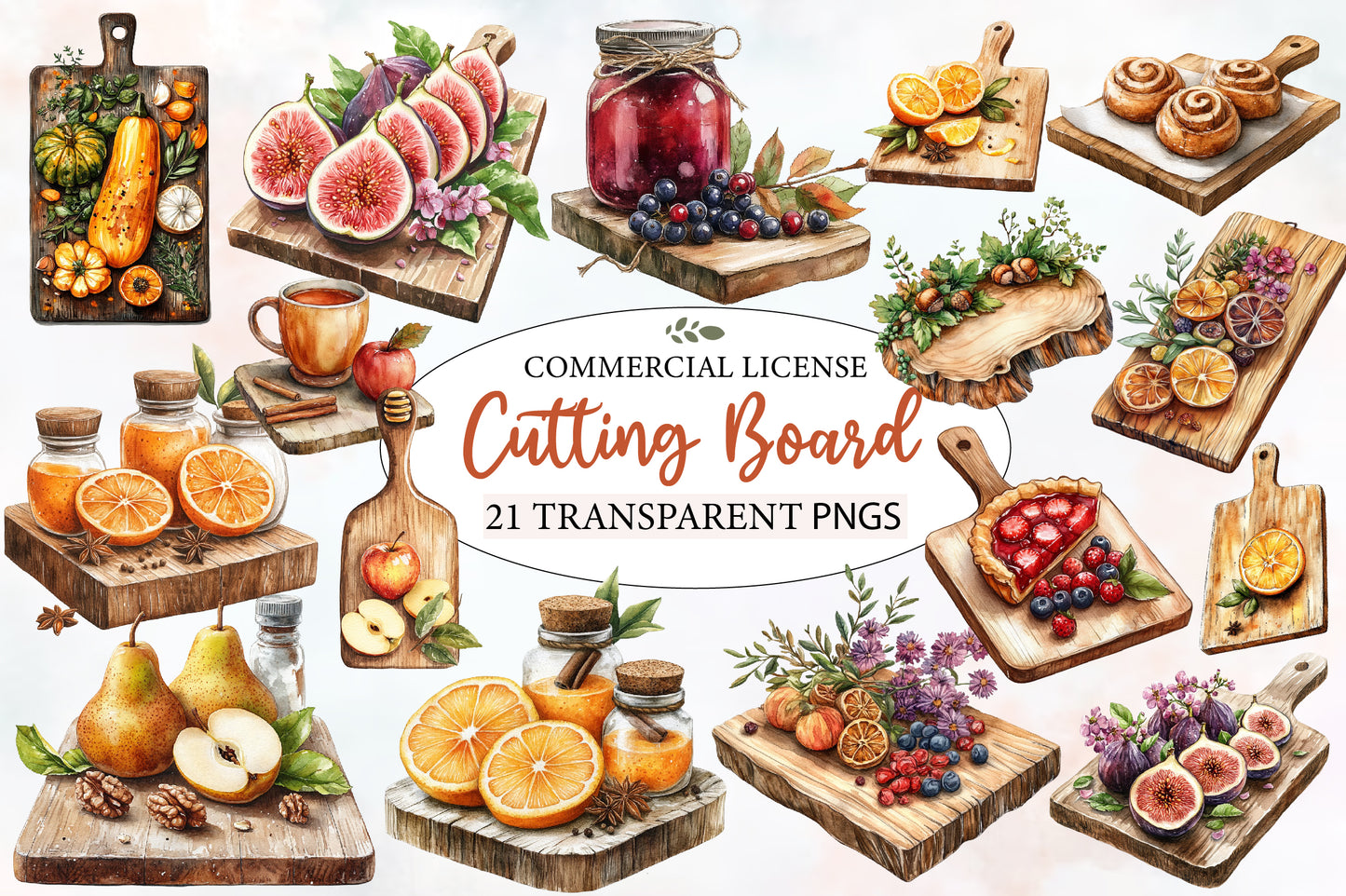 Watercolor Autumn Cutting Board Clipart PNG Bundle | Fall Kitchen, Pumpkin, Apple, Sunflower & Farmhouse Cooking PNG
