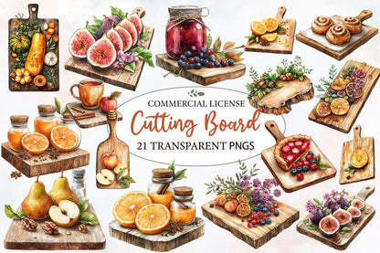 Watercolor Autumn Cutting Board Clipart PNG Bundle | Fall Kitchen, Pumpkin, Apple, Sunflower & Farmhouse Cooking PNG