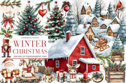 Winter Christmas Clipart PNG Bundle | Snowy Christmas Village, Trees, Barn, Santa, Nutcracker, Gifts & Winter Decor