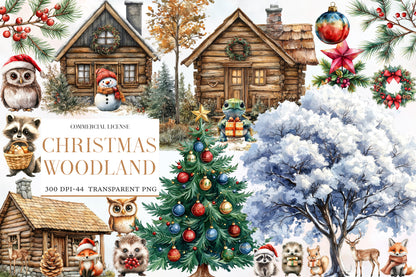 Christmas Woodland Clipart PNG Bundle | Rustic Cabins, Christmas Tree, Woodland Animals, Snowy Trees & Holiday Decor