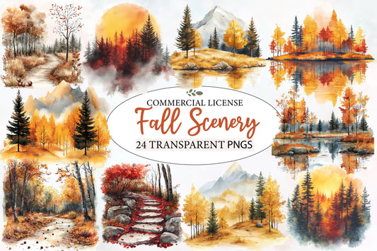 Fall Scenery Watercolor Clipart PNG Bundle | Autumn Landscape Nature Clipart | Fall Sublimation