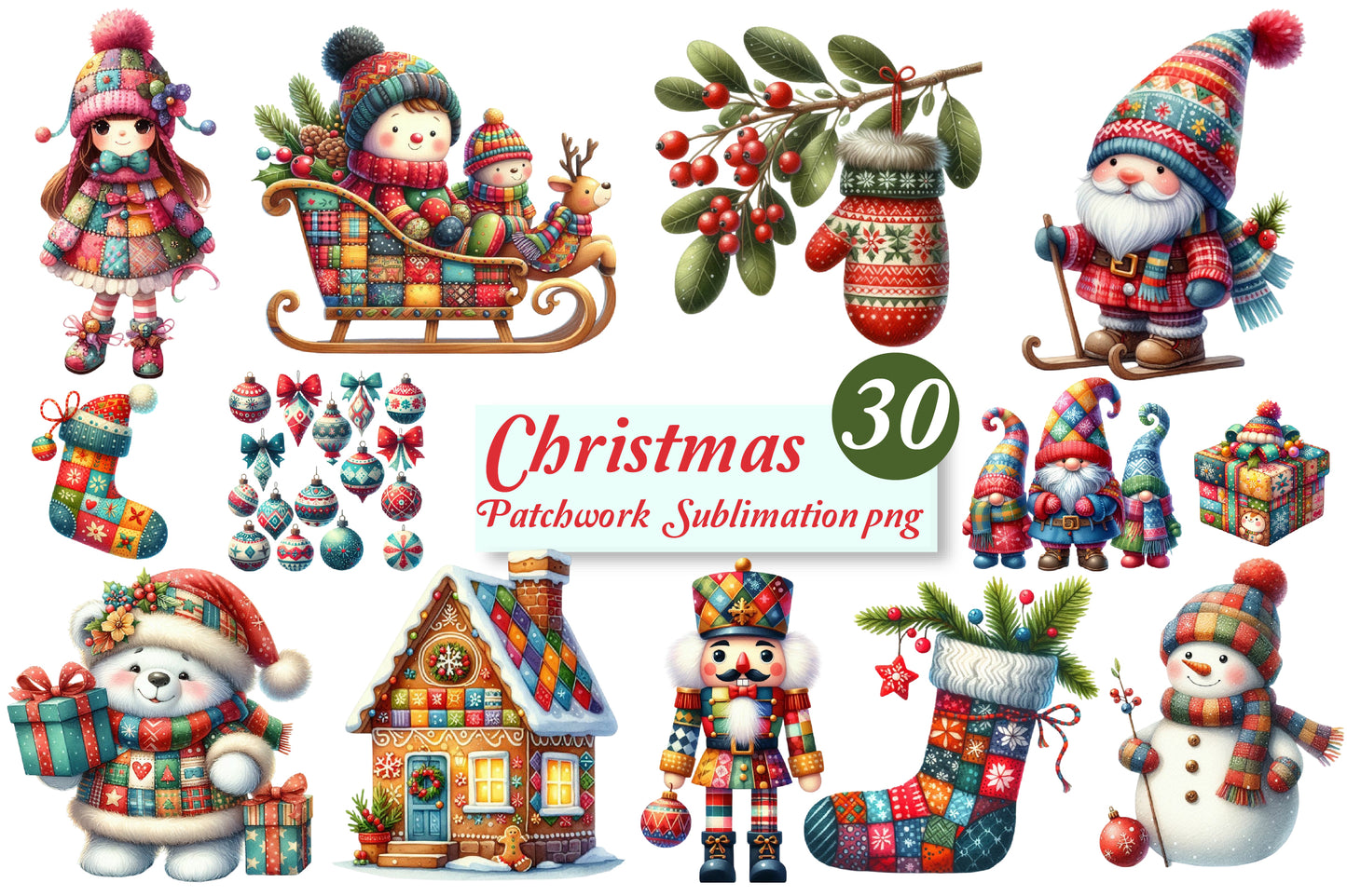 30 Christmas Patchwork PNG Bundle Cute Winter Holiday Sublimation Clipart
