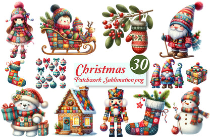 30 Christmas Patchwork PNG Bundle Cute Winter Holiday Sublimation Clipart