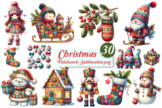 30 Christmas Patchwork PNG Bundle Cute Winter Holiday Sublimation Clipart