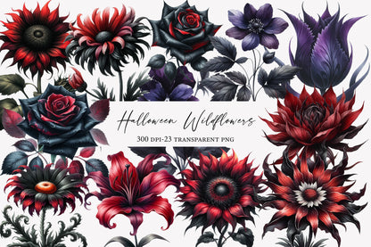 Halloween Wildflowers Clipart PNG Bundle | Gothic Flowers PNG, Dark Floral Clipart, Halloween Flower Sublimation,