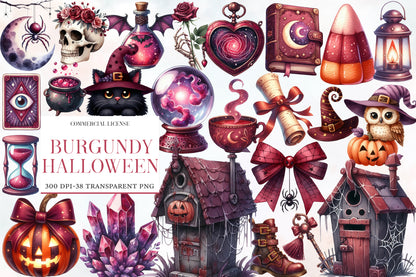 Burgundy Halloween Watercolor Clipart PNG Bundle | Gothic Halloween Watercolor Clipart | Witchy Halloween Sublimation PNG