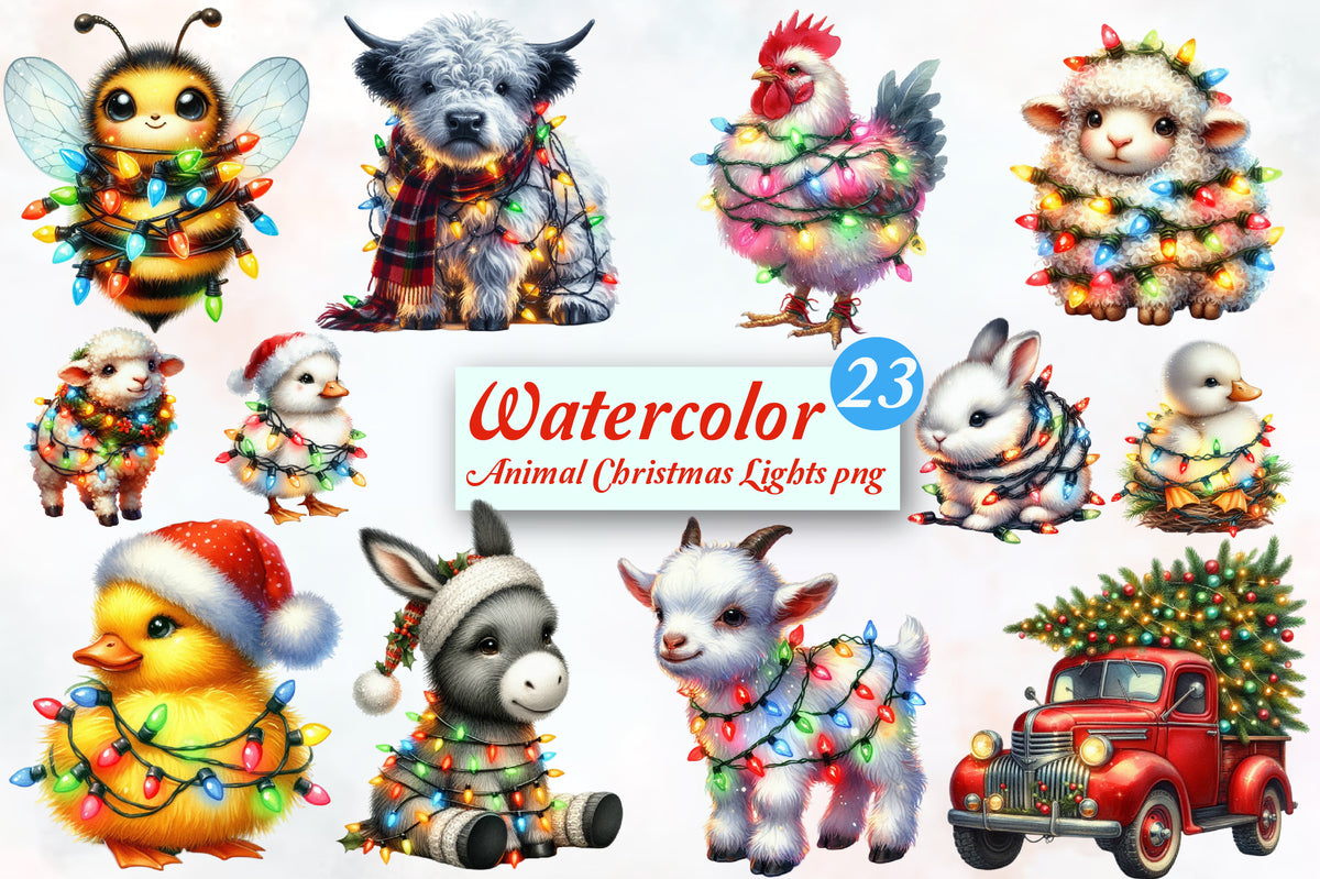 Watercolor Animal Christmas Lights PNG Bundle 23 Cute Holiday Designs