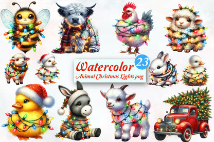 Watercolor Animal Christmas Lights PNG Bundle 23 Cute Holiday Designs