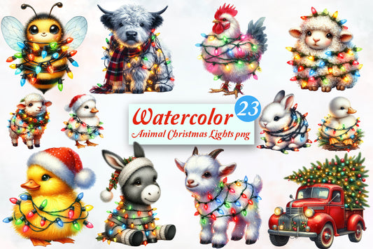 Watercolor Animal Christmas Lights PNG Bundle 23 Cute Holiday Designs
