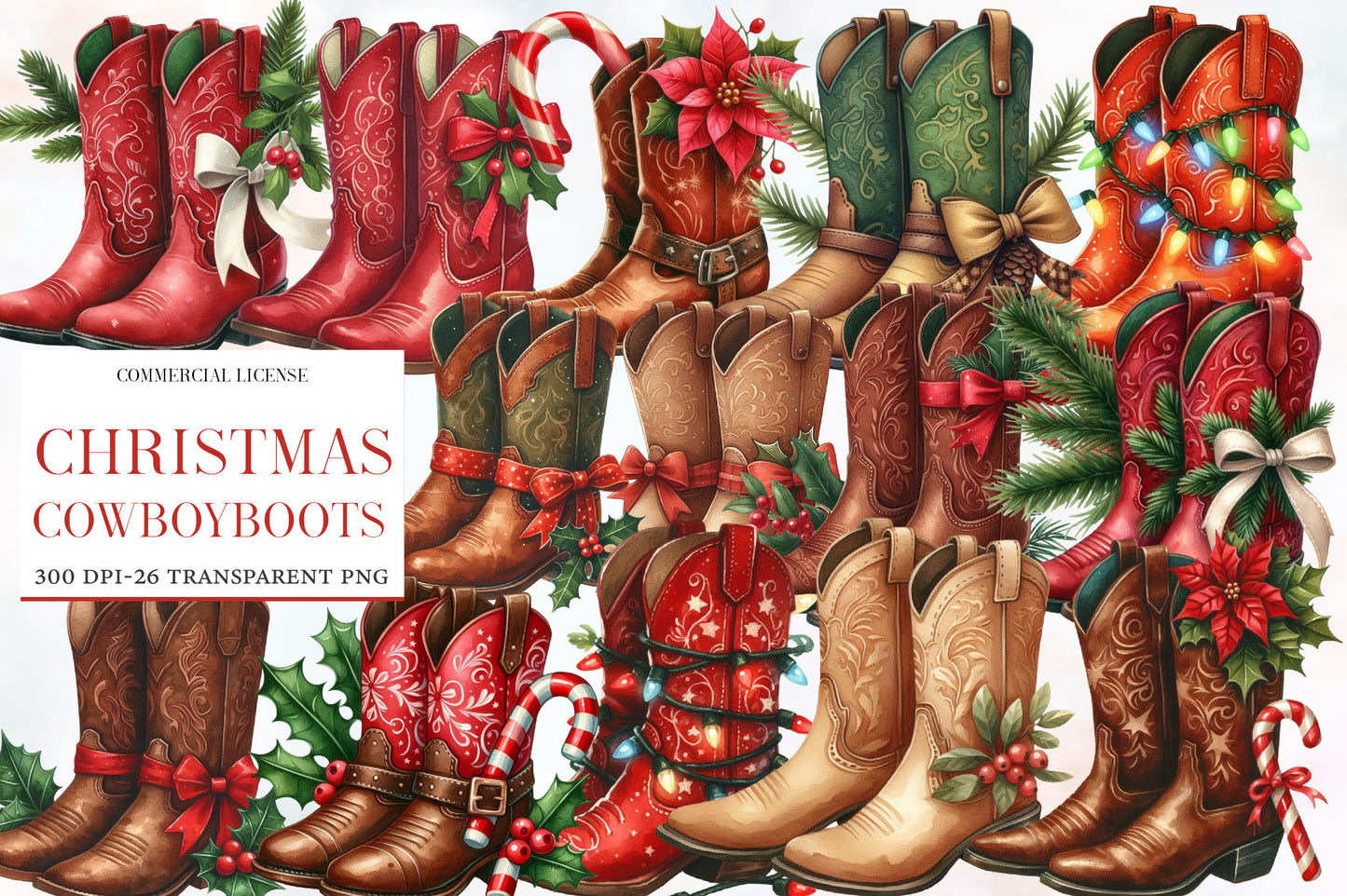 Christmas Cowboy Boots Clipart PNG Bundle | Watercolor Western Christmas Boots Clipart | Country Holiday Sublimation PNG