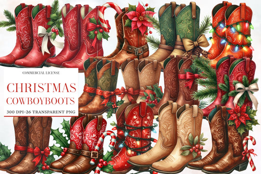Christmas Cowboy Boots Clipart PNG Bundle | Watercolor Western Christmas Boots Clipart | Country Holiday Sublimation PNG