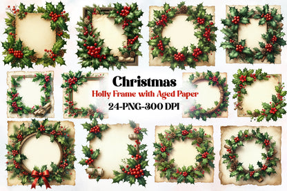 24 Christmas Holly Frame PNG Aged Paper Watercolor Clipart Bundle