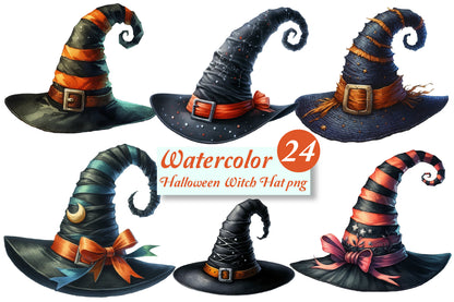 24 Watercolor Halloween Witch Hat PNG Bundle Spooky Witch Hat Clipart