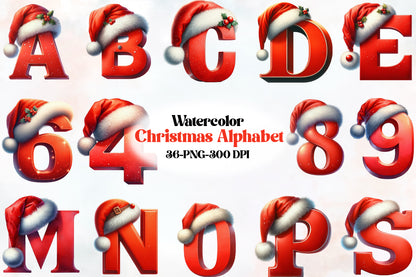 Christmas Alphabet PNG Bundle | Watercolor Santa Hat Letters, Christmas ABC Clipart, Holiday Alphabet Sublimation