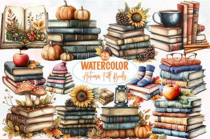 Watercolor Autumn Fall Books Clipart Bundle Cozy Book Lover PNG
