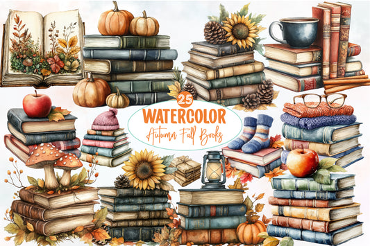 Watercolor Autumn Fall Books Clipart Bundle Cozy Book Lover PNG