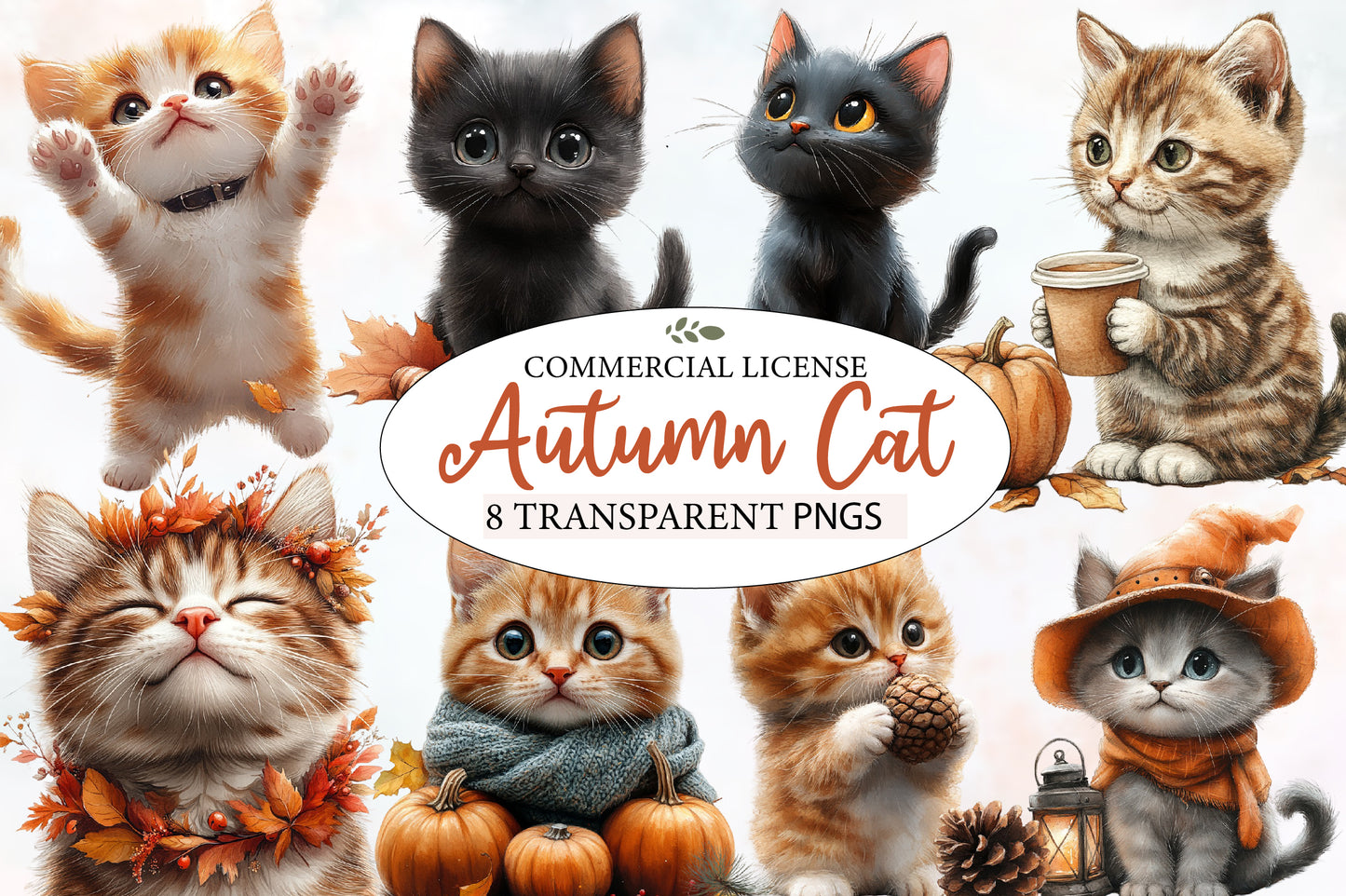Watercolor Autumn Cat Clipart PNG Bundle | Cozy Fall Cats, Pumpkin, Leaves, Sweater & Cute Kitty Sublimation