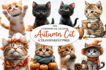 Watercolor Autumn Cat Clipart PNG Bundle | Cozy Fall Cats, Pumpkin, Leaves, Sweater & Cute Kitty Sublimation